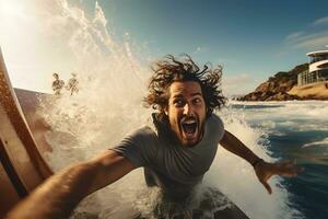 uma homem tendo Diversão em prancha de surfe em a de praia foto