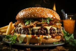 restaurante festa gourmet carne de porco hambúrguer, lamacento queijo, e temperado fritas ai gerado foto