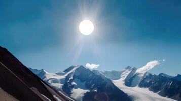 eclipse do Sol contra fundo do picos do coberto de neve montanhas às noite. ai gerado. foto