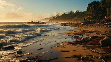 foto-realista do sujo de praia às tarde com tão Muito de lixo ai gerado foto