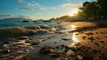 foto-realista do sujo de praia às tarde com tão Muito de lixo ai gerado foto