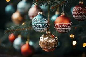 Natal árvore decorado com enfeites, criada com generativo ai foto