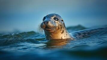 atlântico cinzento foca natação dentro a oceano ondas, retrato dentro a Sombrio azul água com manhã luz, generativo ai foto