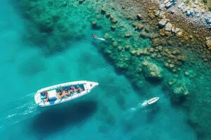 aéreo Visão do barco em a turquesa mar. topo visualizar. aéreo Visão do uma costela barco com mergulhadores e mergulhadores às a turquesa colori costa do a egeu mar dentro Grécia, ai gerado foto