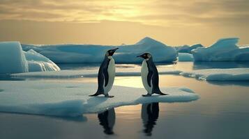 dois fofa imperador pinguins confuso de gelo Derretendo, mundo global planeta clima mudar. generativo ai foto