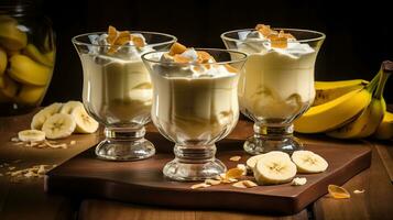 óculos com delicioso banana pudim em mesa. ai generativo foto