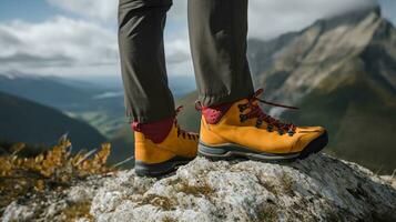 fechar-se do a vermelho, amarelo caminhada sapatos do uma caminhante cruzando uma montanhoso área às a topo do uma colina. generativo ai foto