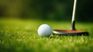 golfe bola e clube em uma verde Prado, generativo ai foto