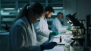 explorando a fronteiras do Ciência, dedicada homens e mulheres às trabalhos dentro a laboratório. generativo ai foto