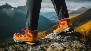 fechar-se do a vermelho, amarelo caminhada sapatos do uma caminhante cruzando uma montanhoso área às a topo do uma colina. generativo ai foto