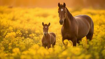uma égua e Está bebê cavalo dentro uma campo do flores, dentro a estilo do dourado luz, generativo ai foto
