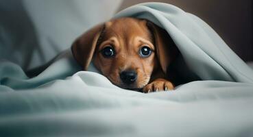 uma pequeno Castanho cachorro espreitadelas Fora a partir de debaixo a cobre em a cama. generativo ai foto