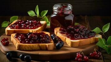 delicioso Torradas com doce geléias em de madeira mesa, ai generativo foto