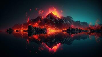 noite fantasia panorama com abstrato montanhas e ilha em a água, explosivo vulcão com queimando lava. Sombrio futurista natural cena com reflexão do luz dentro a água. generativo ai foto