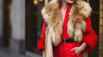 elegância personificado, uma elegante mulher dentro uma luxuoso pele casaco e arrebatador vermelho fantasia. generativo ai foto