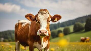 uma alegre solteiro vaca se aquece dentro a Sol em uma Prado em uma verão dia. generativo ai foto