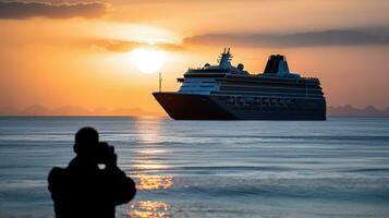 luxo cruzeiro navio Navegando para porta em nascer do sol, generativo ai foto