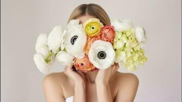 conceptual retrato do jovem mulher vestindo minimalista vestir cobertura dela cabeça com exuberante ranúnculo. fêmea se escondendo atrás lindo ramalhete do brilhante flores fechar acima, generativo ai foto