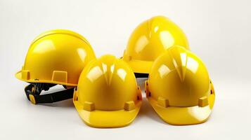 conjunto amarelo respeitoso capacete, construção Ferramentas para industrial segurança isolado em branco fundo. ai generativo foto