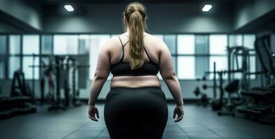excesso de peso mulher dentro uma academia. corpo positivo conceito. generativo ai foto