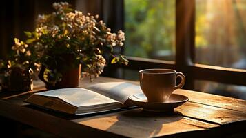 uma copo do café com livro e caneta em a de madeira mesa ai gerado foto