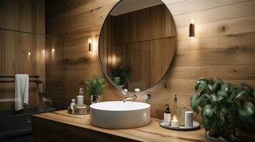 elegante Projeto banheiro com de madeira paredes, branco bacia e volta espelho. generativo ai foto