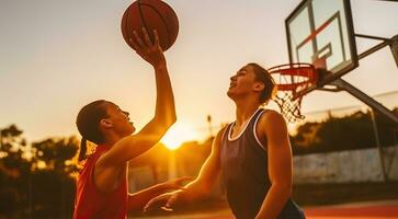 dois jovem amigos abraço a jogos em a ao ar livre basquetebol tribunal. generativo ai foto