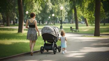jovem mães dentro a parque caminhando com carrinhos de bebê, generativo ai foto