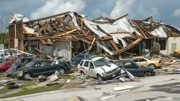 furacão destruído industrial construção com estragado carros debaixo ruínas. natural desastre e Está consequências. generativo ai foto