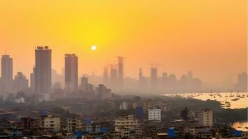 moderno arranha-céus rico edifícios e pobre favelas às pôr do sol com ar poluição. generativo ai foto