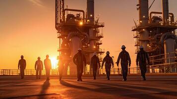 equipe do óleo trabalhadores caminhando Fora do óleo equipamento em deserto silhueta às pôr do sol, poder indústria máquinas para produzindo petróleo gás. generativo ai foto