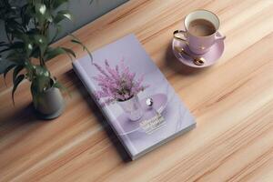 ai generativo branco copo com chaleira e pequeno cacto com roxa margarida flor e livro em de madeira mesa foto
