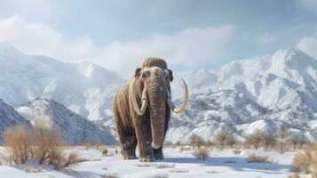 uma peludo velho mamute dentro neve com montanha panorama dentro a fundo. elefante mamute. generativo ai foto