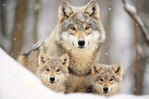 mãe Lobo e Lobo filhotes dentro inverno neve. generativo ai. foto