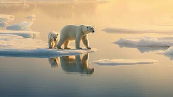 polar Urso mãe e filhote ao longo gelo floe dentro ártico oceano. generativo ai foto