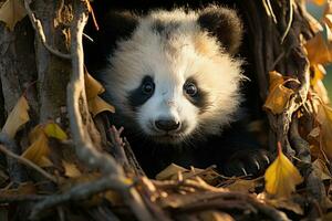 gigante panda filhote Próximo para uma árvore tronco foto