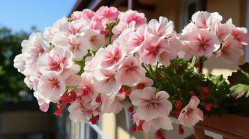 Rosa pelargônio flores crescendo em sacada. foto