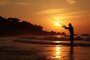 silhueta do homem pescaria às pôr do sol foto