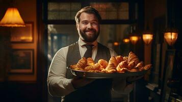 padeiro segurando uma bandeja cheio do fresco croissants. foto