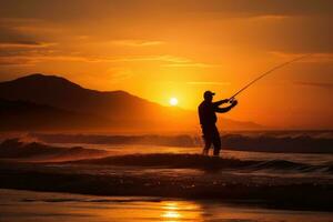 silhueta do homem pescaria às pôr do sol foto