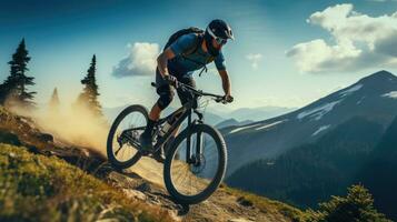 ativo masculino ciclista equitação bicicleta em uma montanha. generativo ai foto