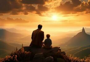 uma homem e Garoto sentado em topo do uma montanha para levar uma Visão dentro a pôr do sol foto