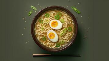 ramen dentro uma tigela topo visualizar. ramen sopa com ovo e verde cebolas. generativo ai foto