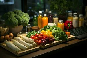 nutrição focado escrivaninha às a escritório hospital, apresentando fresco legumes e frutas ai gerado foto