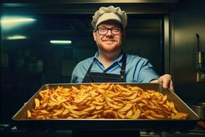 chefe de cozinha segurando uma bandeja cheio do frito crocantes batatas dentro uma cozinha foto