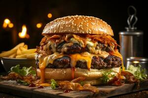 o jantar nostalgia clássico carne hamburguer com derretido queijo e fritas ai gerado foto