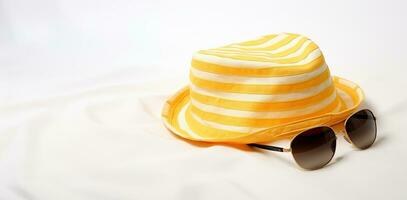 uma verão chapéu e oculos de sol em uma branco fundo. ai gerado foto