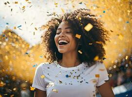 alegre africano americano menina com afro Penteado ser célebre com confete. ai gerado foto