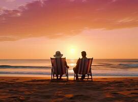 casal sentado em salão cadeiras em a de praia às pôr do sol. ai gerado foto