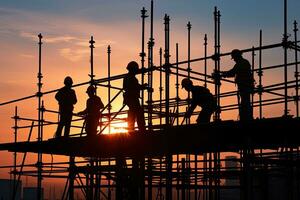 silhueta do construção trabalhadores trabalhando em andaimes às pôr do sol. ai gerado foto